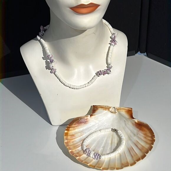 Matching White & Purple Shell / Chip Necklace and Bracelet - Picture 1 of 14
